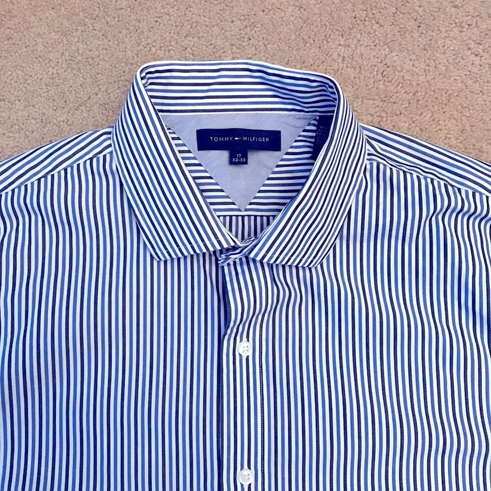 Tommy Hilfiger Long Sleeve Shirt Mens XL 17 32 33 Striped Blue Grey White Cotton